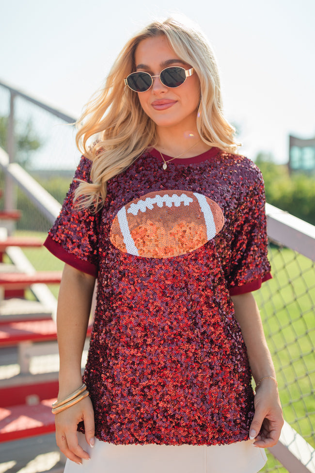 Go Long Burgundy Sequin Football Top