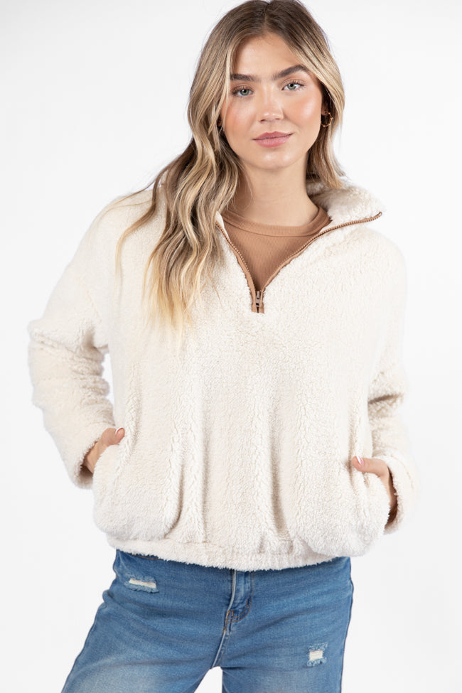 Stay Here Beige Contrast Trim Sherpa Pullover DOORBUSTER