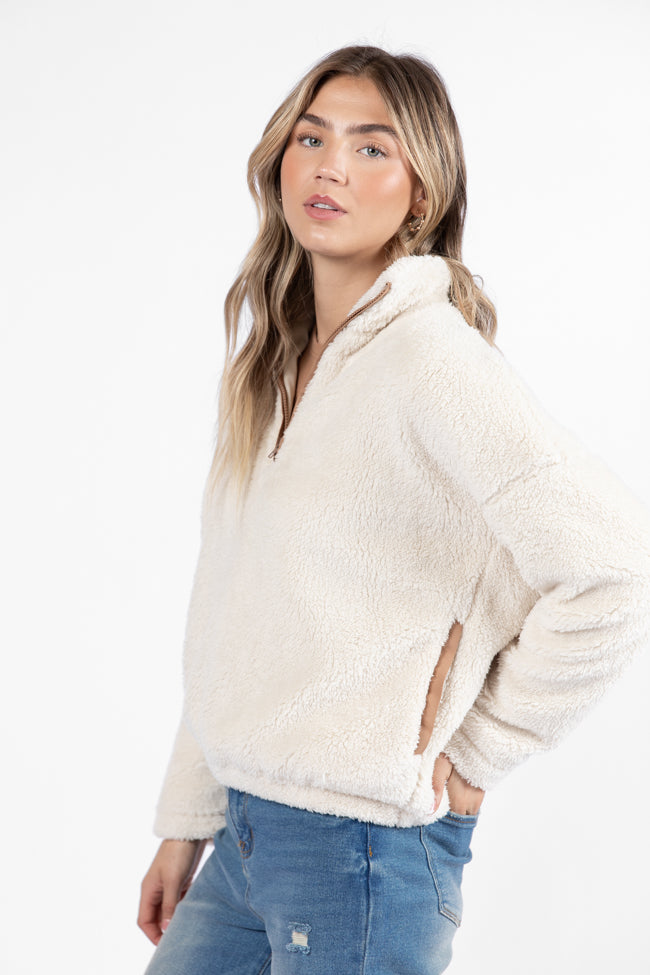 Stay Here Beige Contrast Trim Sherpa Pullover DOORBUSTER