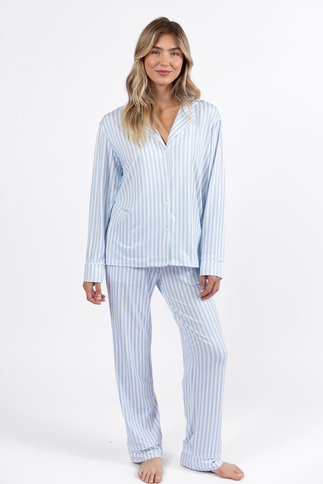 On A Cloud Light Blue and Cream Stripe Plush Knit Pajama Set DOORBUSTER