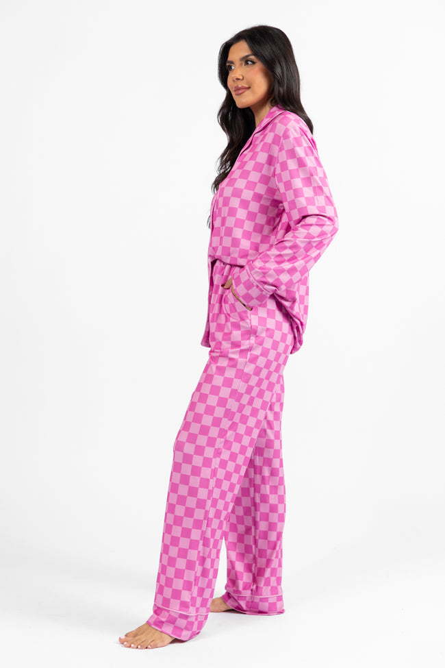 On A Cloud Pink Tonal Checkered Plush Knit Pajama Set DOORBUSTER- Coming Soon