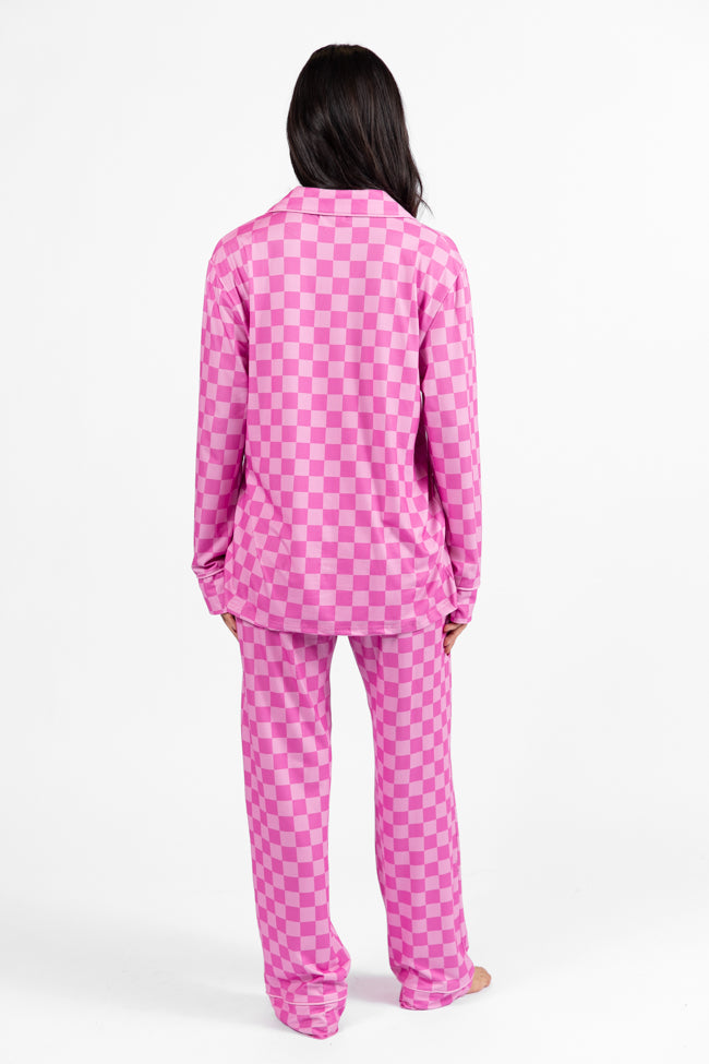 On A Cloud Pink Tonal Checkered Plush Knit Pajama Set DOORBUSTER- Coming Soon