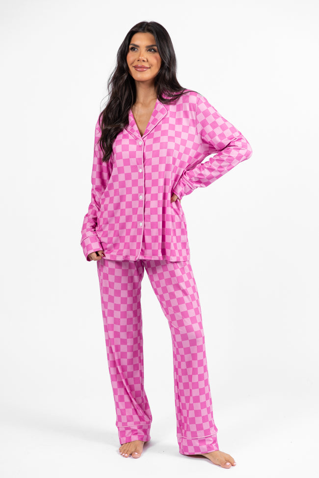 On A Cloud Pink Tonal Checkered Plush Knit Pajama Set DOORBUSTER- Coming Soon