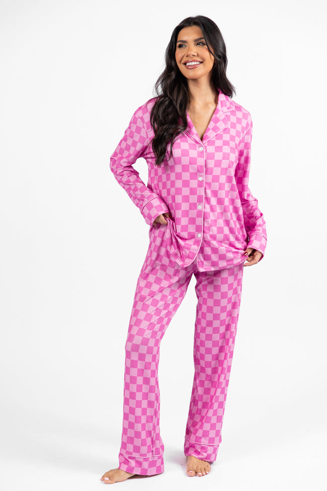 On A Cloud Pink Tonal Checkered Plush Knit Pajama Set DOORBUSTER- Coming Soon