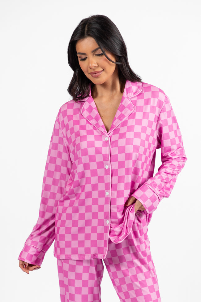 On A Cloud Pink Tonal Checkered Plush Knit Pajama Set DOORBUSTER- Coming Soon