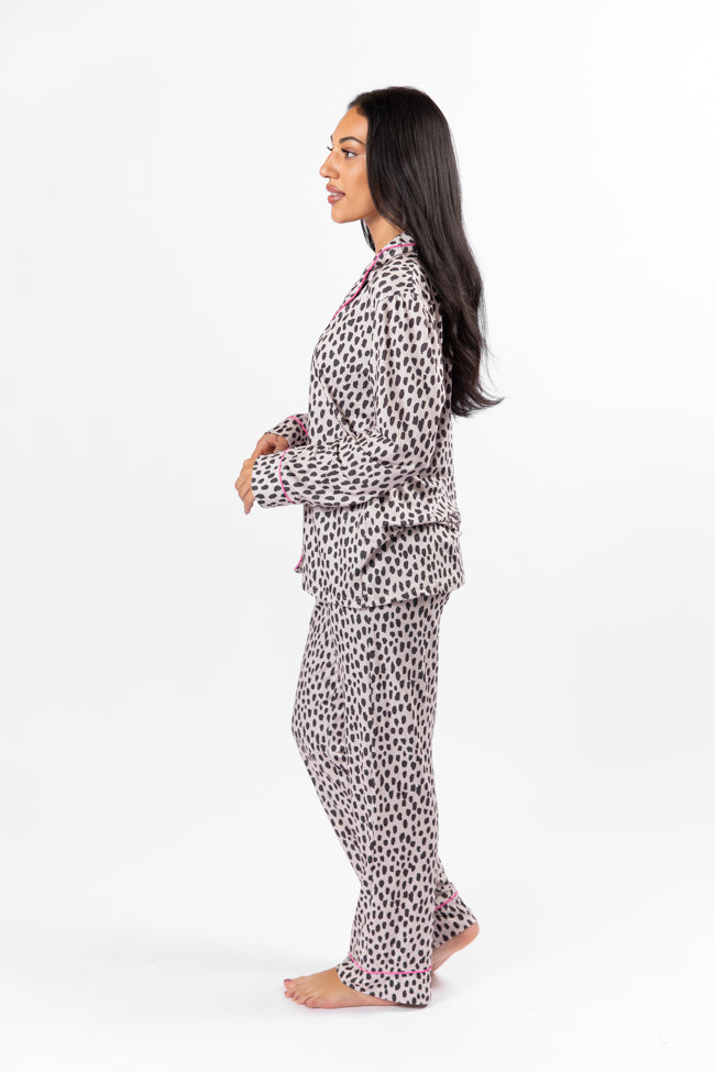 On A Cloud In Spotted Black and Tan Plush Knit Pajama Set DOORBUSTER