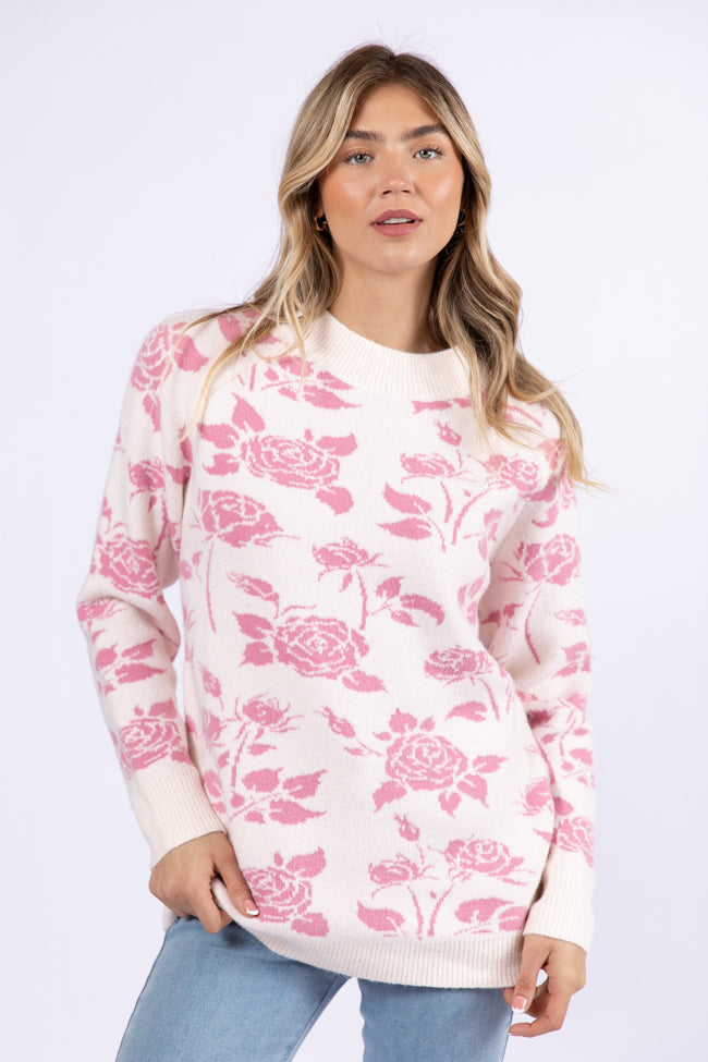 Feeling Like Love Ivory and Pink Floral Crew Neck Sweater DOORBUSTER