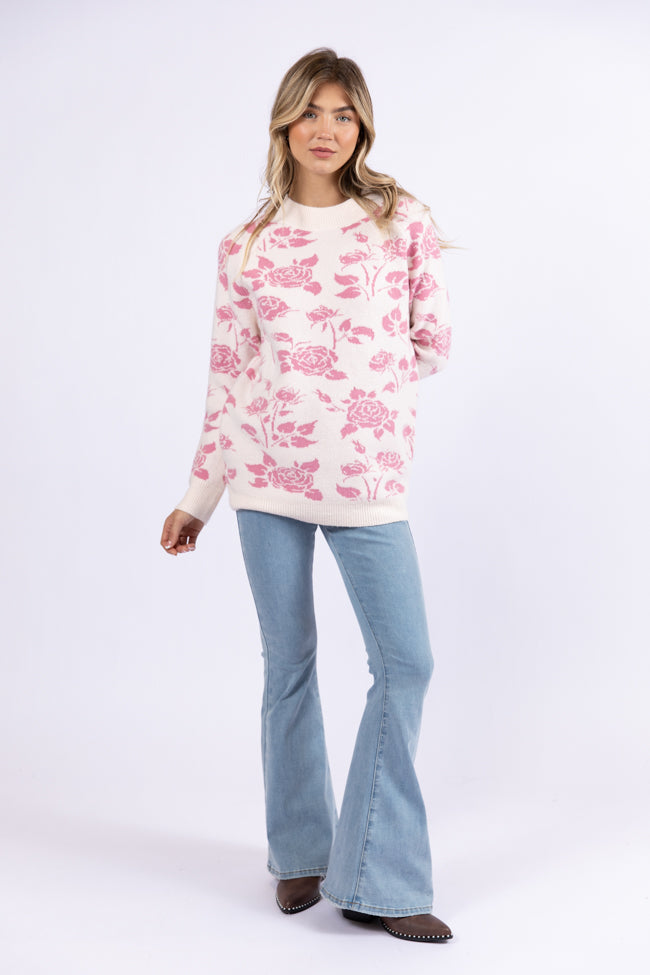 Feeling Like Love Ivory and Pink Floral Crew Neck Sweater DOORBUSTER