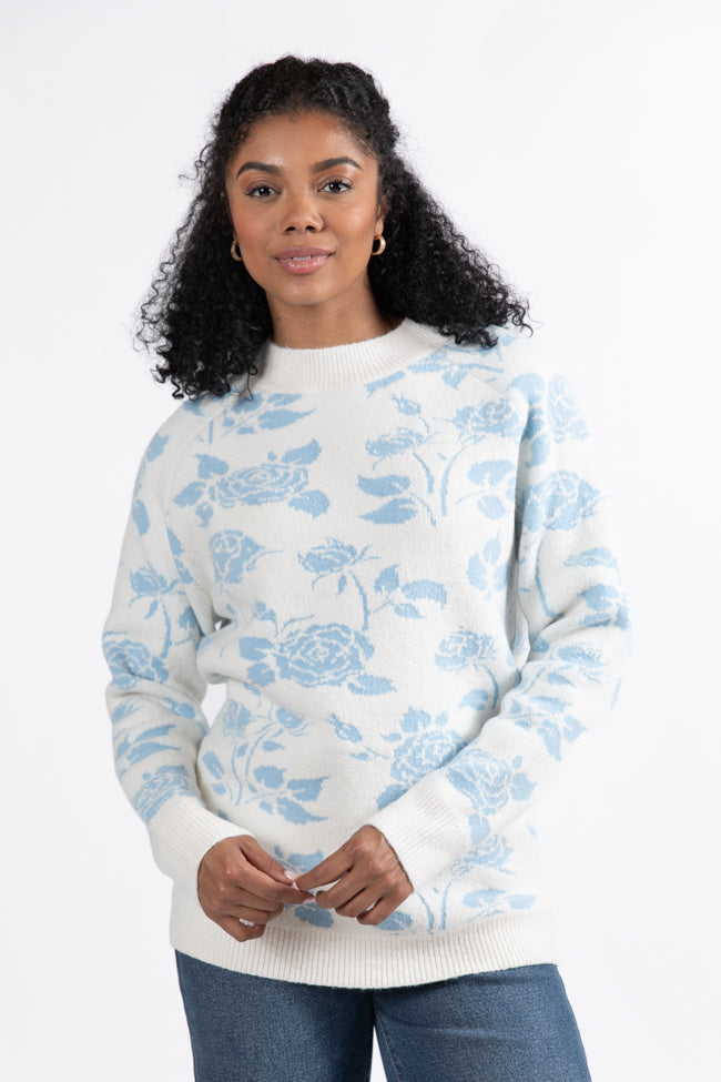 Feeling Like Love Ivory and Blue Floral Crew Neck Sweater DOORBUSTER