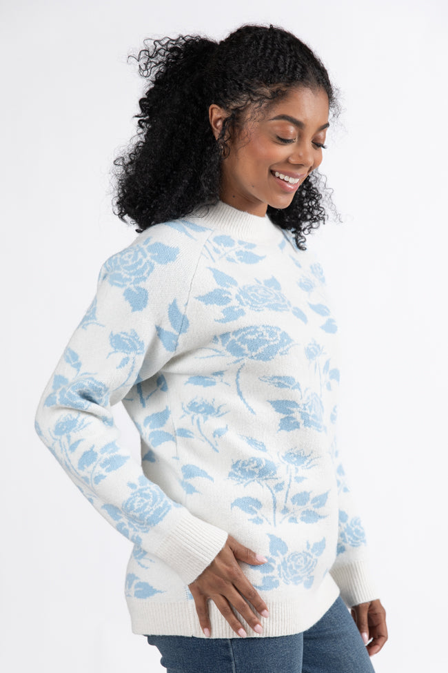 Feeling Like Love Ivory and Blue Floral Crew Neck Sweater DOORBUSTER