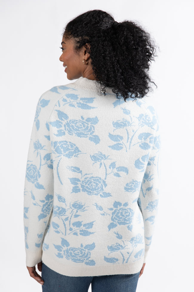 Feeling Like Love Ivory and Blue Floral Crew Neck Sweater DOORBUSTER