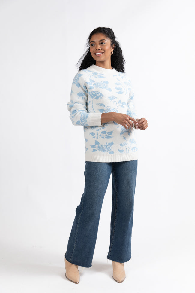 Feeling Like Love Ivory and Blue Floral Crew Neck Sweater DOORBUSTER