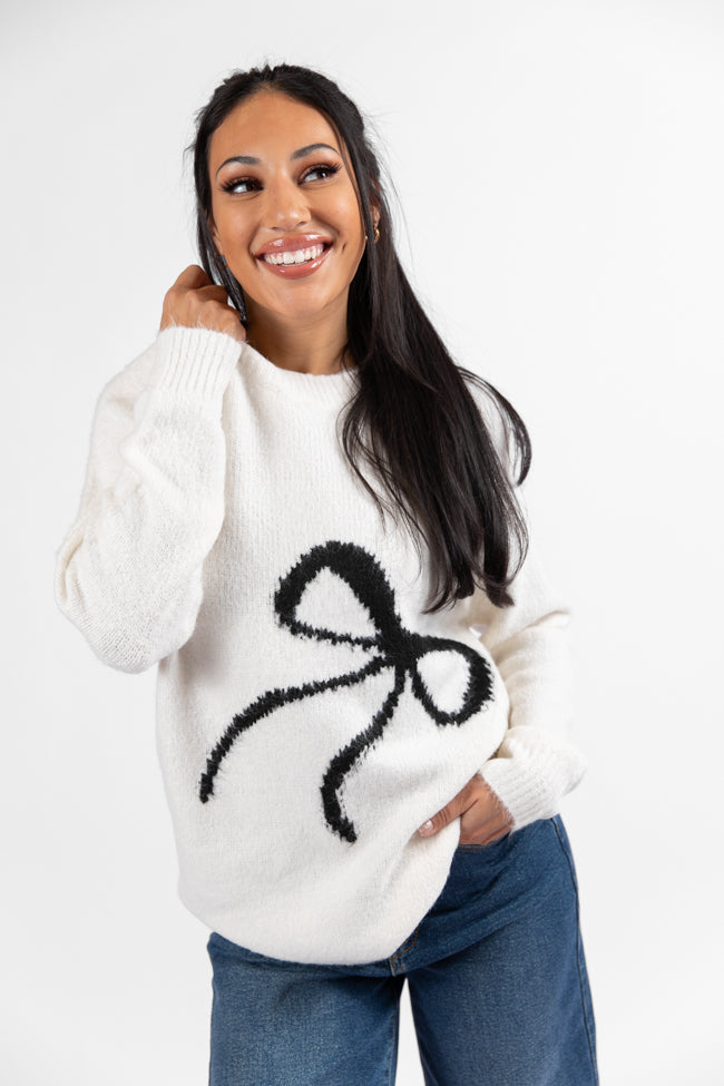 Feeling Like Love Ivory and Black Bow Crew Neck Sweater DOORBUSTER