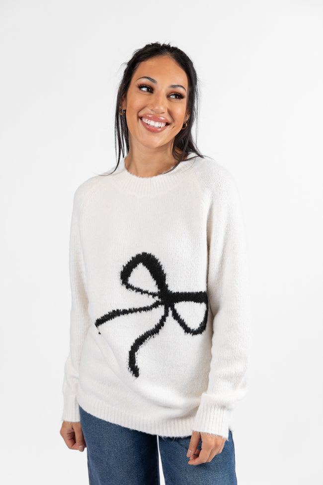 Feeling Like Love Ivory and Black Bow Crew Neck Sweater DOORBUSTER