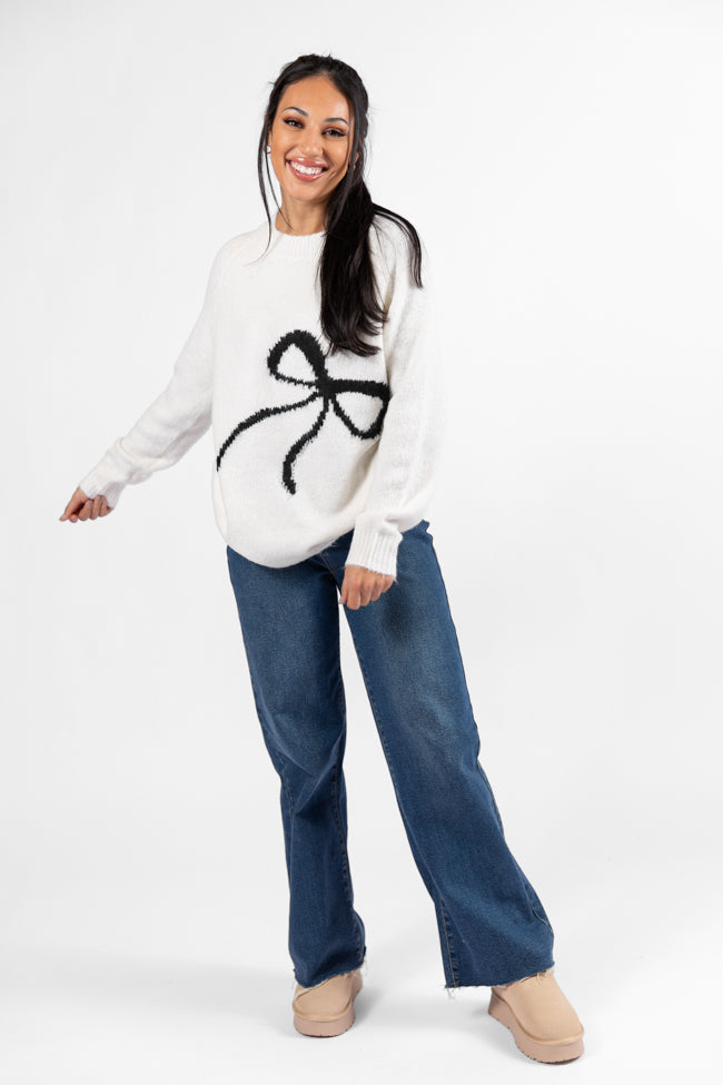 Feeling Like Love Ivory and Black Bow Crew Neck Sweater DOORBUSTER