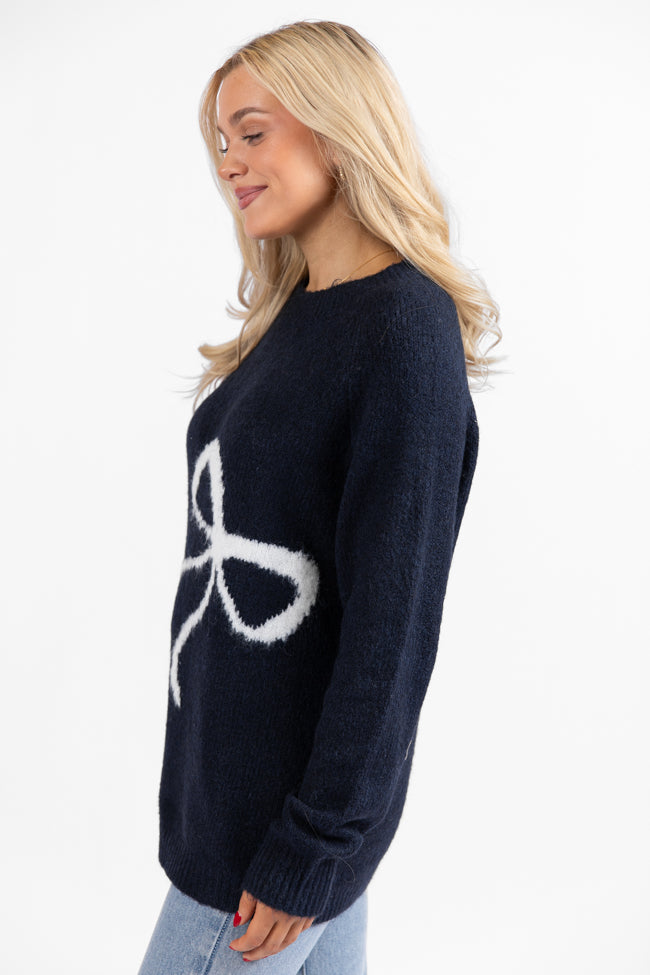 Feeling Like Love Navy and Ivory Bow Crew Neck Sweater DOORBUSTER