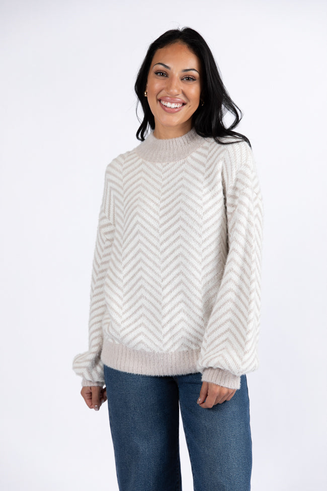 All That You Are Beige Fuzzy Herringbone Mock Neck Sweater DOORBUSTER