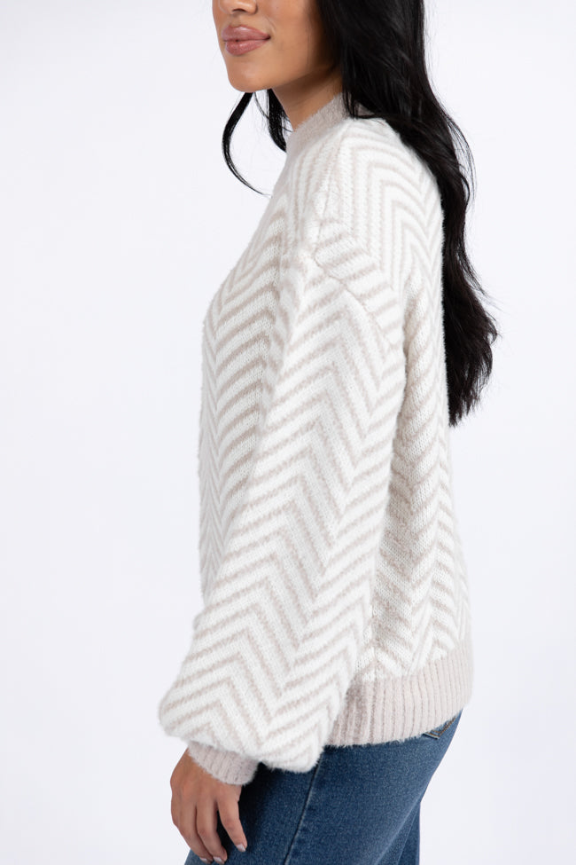 All That You Are Beige Fuzzy Herringbone Mock Neck Sweater DOORBUSTER