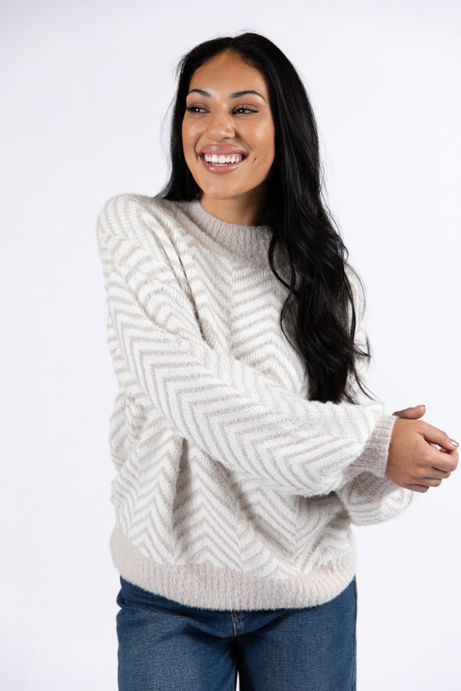 All That You Are Beige Fuzzy Herringbone Mock Neck Sweater DOORBUSTER