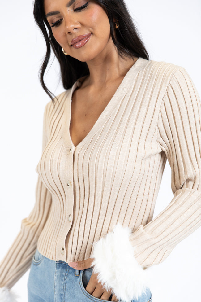 Fake It Until You Make It Beige Faux Fur Trim Cardigan