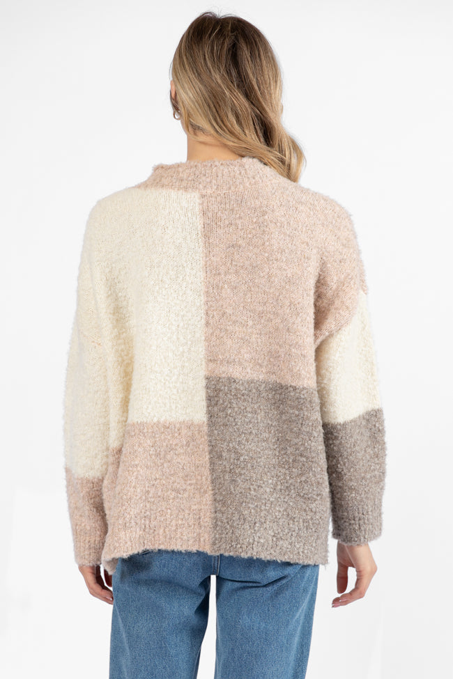 All On You Beige Multi Fuzzy Colorblock Mock Neck Sweater DOORBUSTER