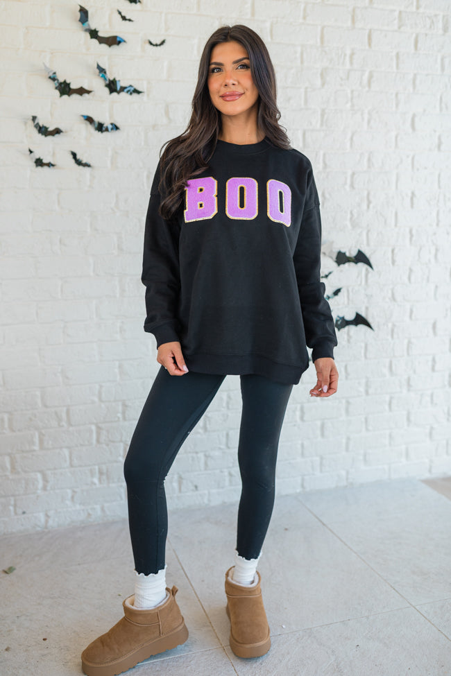 BOO Chenille Patch Black Oversized Graphic Sweatshirt