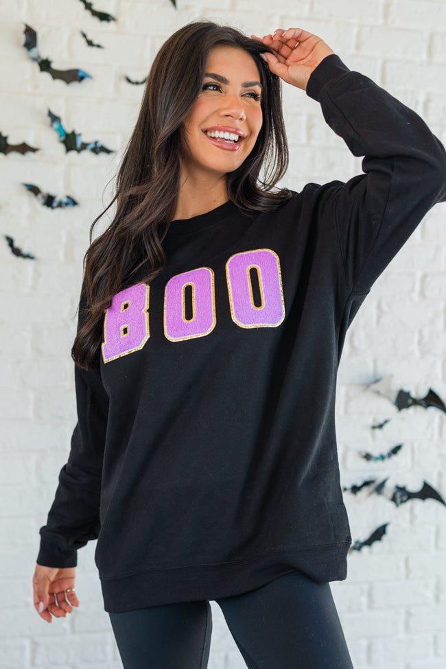 BOO Chenille Patch Black Oversized Graphic Sweatshirt FINAL SALE Pink Lily