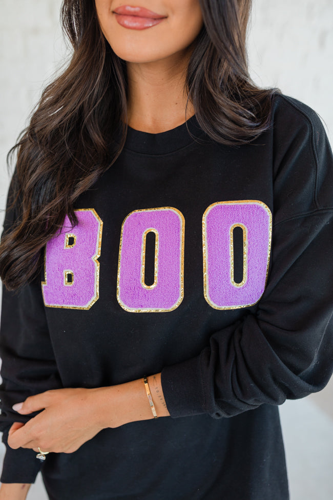 BOO Chenille Patch Black Oversized Graphic Sweatshirt