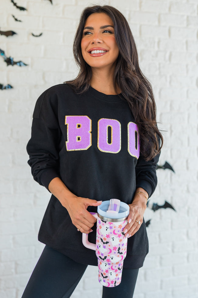 BOO Chenille Patch Black Oversized Graphic Sweatshirt