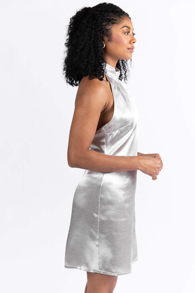 Crossing Your Mind Satin Finish Halter Neck Silver Dress