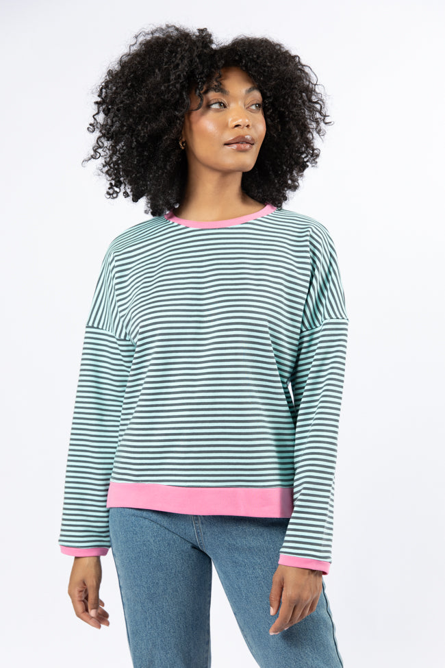 Think On It Pink, Navy, and Charcoal Striped Contrast Trim Pullover