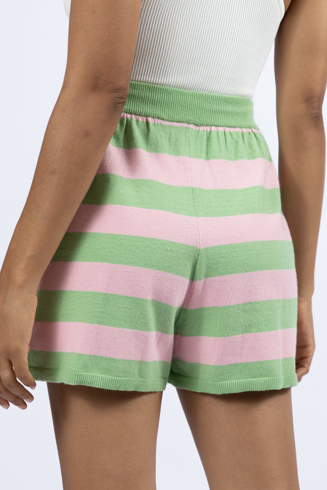 Pulling Heartstrings Green and Pink Striped Knit Shorts