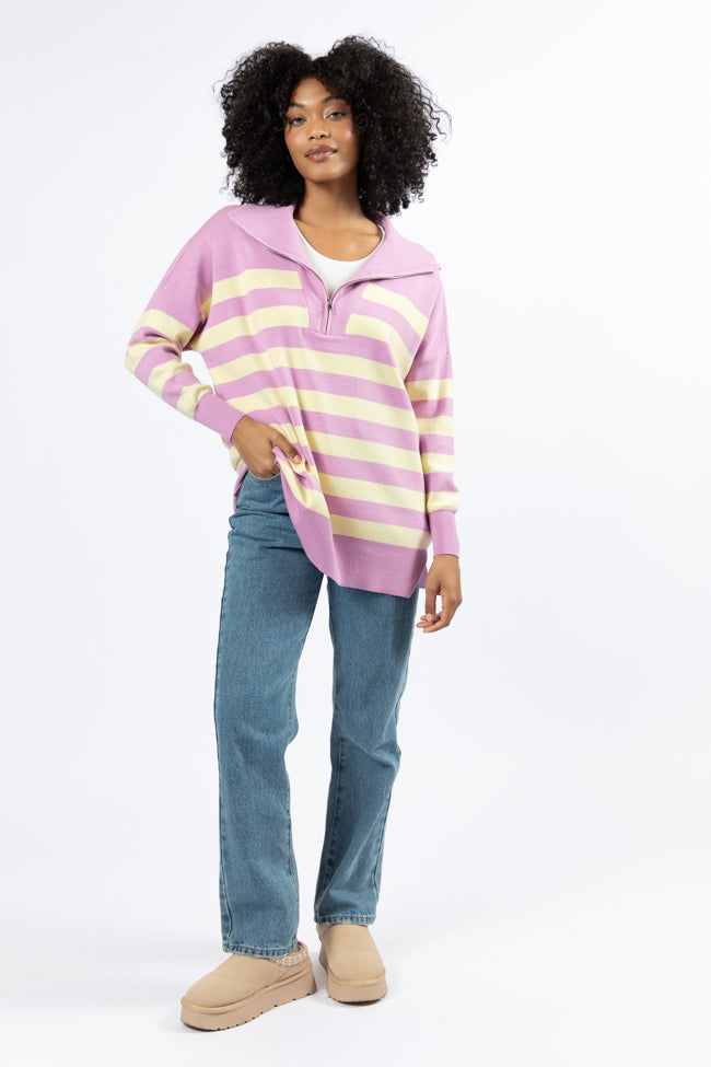 Pulling Heartstrings Purple And Yellow Striped Quarter Zip Pullover