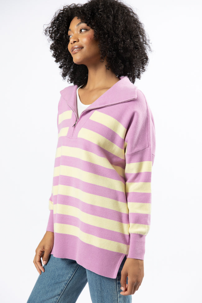 Pulling Heartstrings Purple And Yellow Striped Quarter Zip Pullover