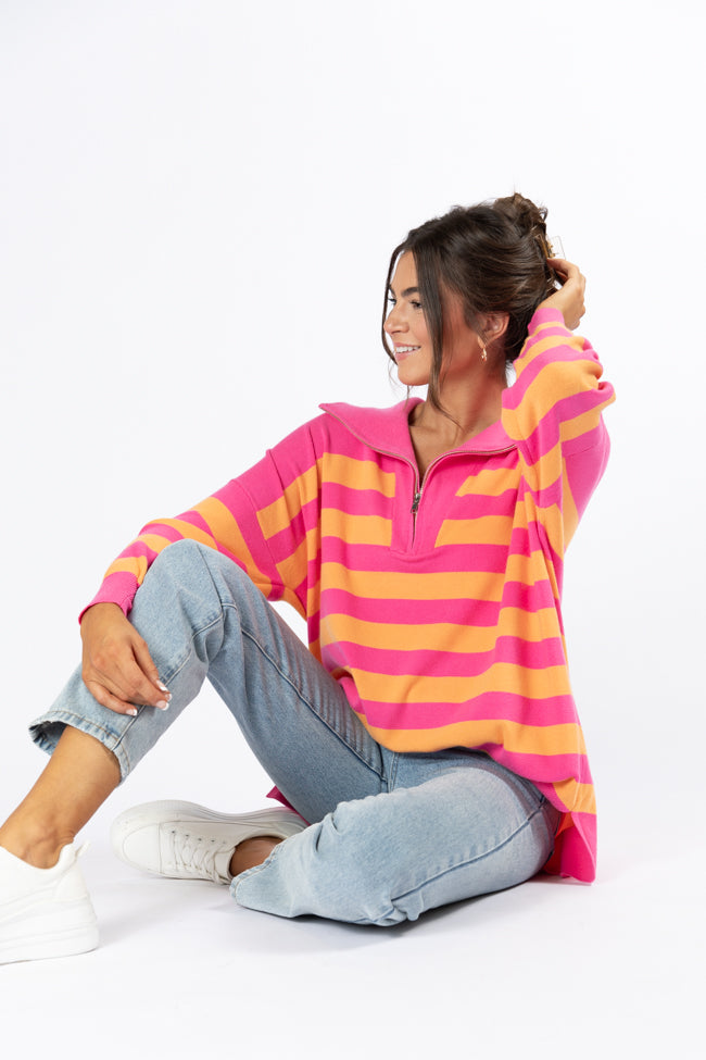 Pulling Heartstrings Pink And Orange Striped Quarter Zip Pullover