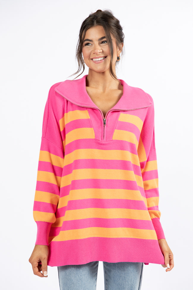 Pulling Heartstrings Pink And Orange Striped Quarter Zip Pullover