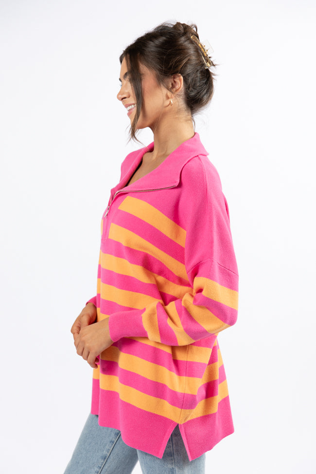 Pulling Heartstrings Pink And Orange Striped Quarter Zip Pullover