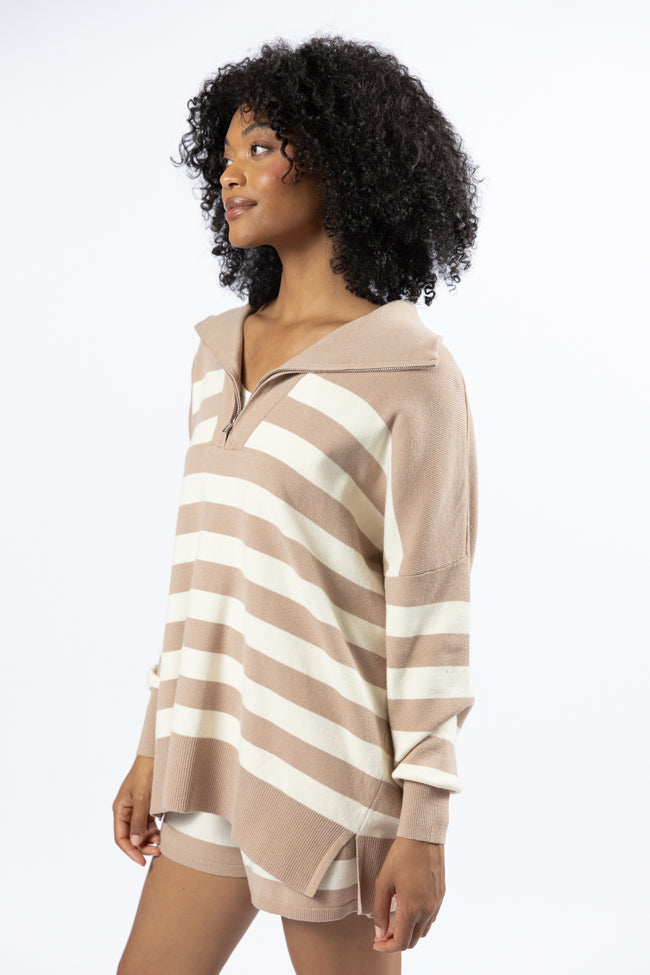 Pulling Heartstrings Taupe And Cream Striped Quarter Zip Pullover