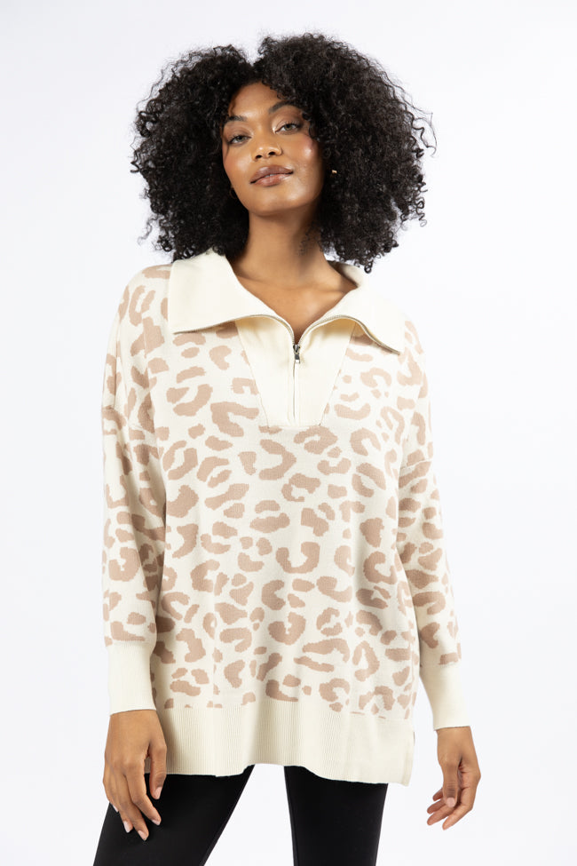 Pulling Heartstrings Tan And Cream Leopard Quarter Zip Pullover