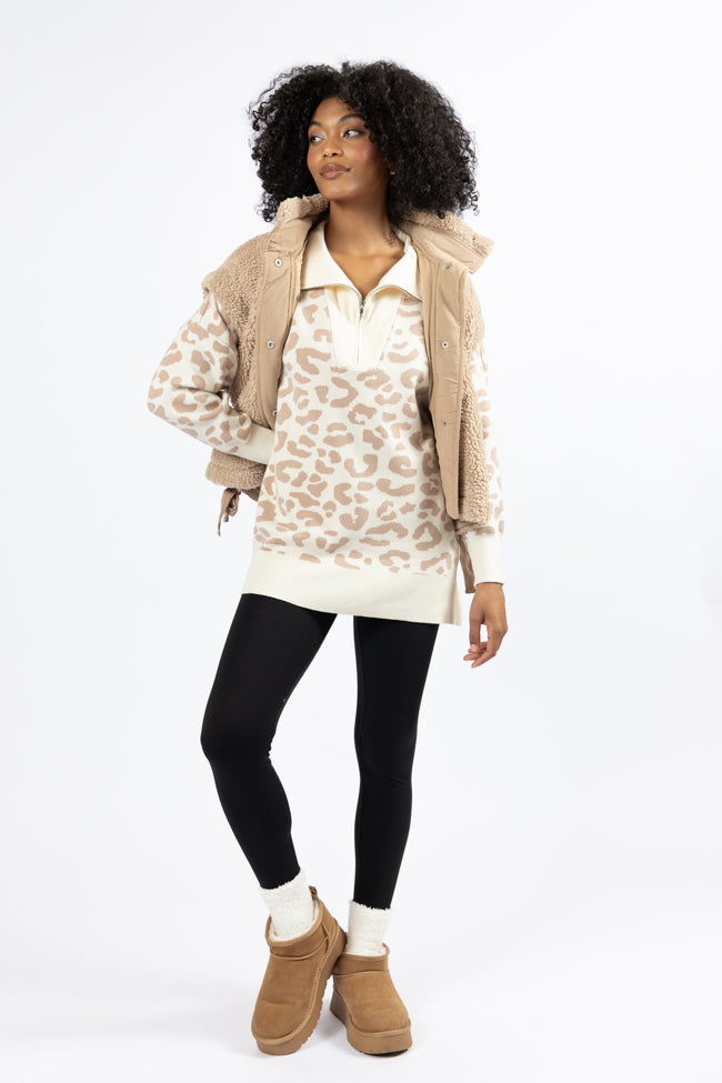 Pulling Heartstrings Tan And Cream Leopard Quarter Zip Pullover