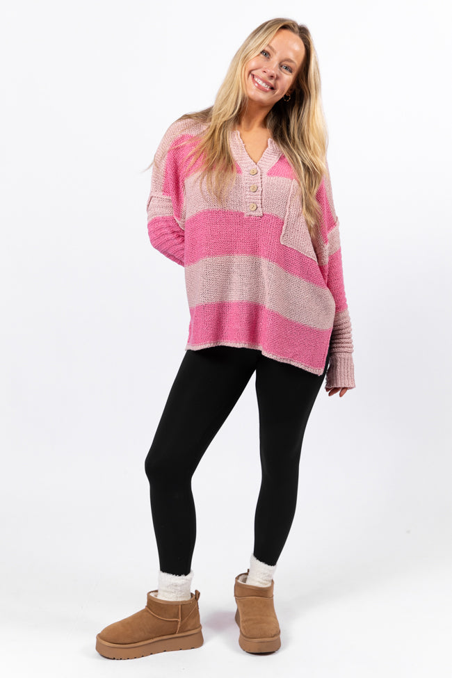 Know You Best Pink Oversized Striped Henley Sweater