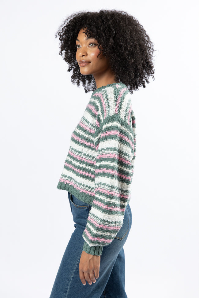 While I'm Away Green Multi Striped Popcorn Sweater