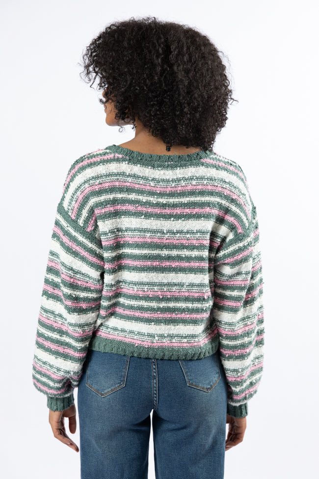 While I'm Away Green Multi Striped Popcorn Sweater