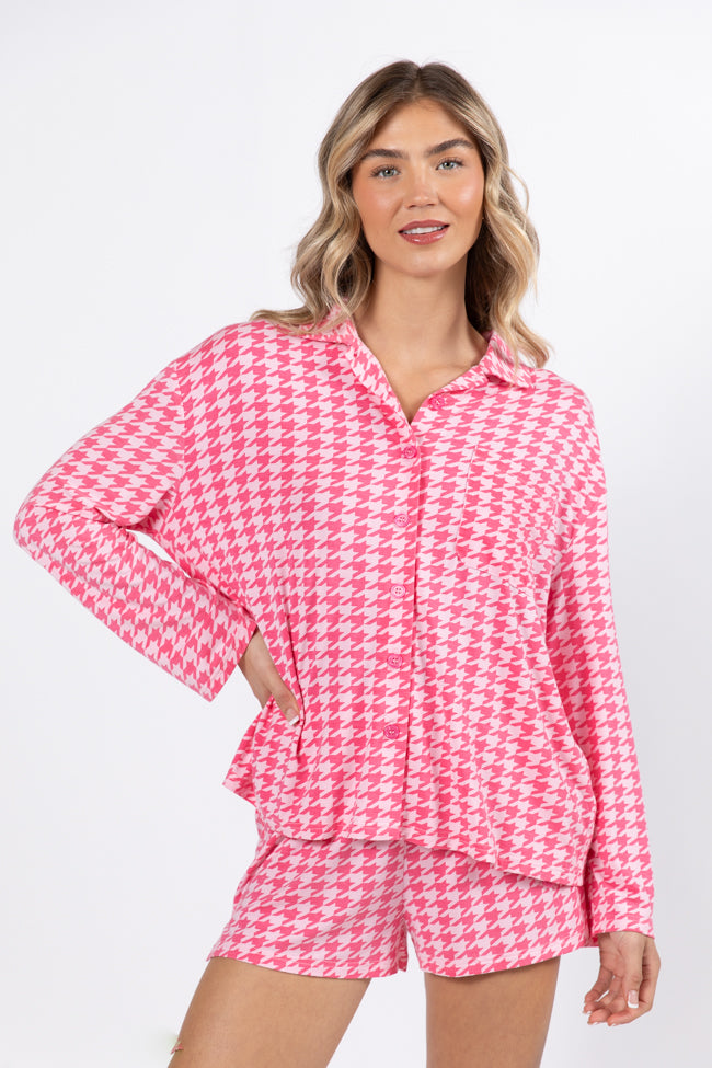 On A Cloud In Pink Houndstooth Pajama Set