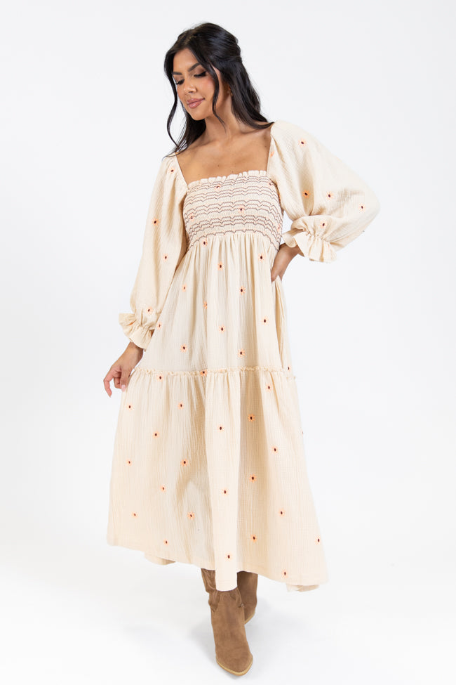 Dress To Impress Beige Floral Stitched Smocked Top Dress