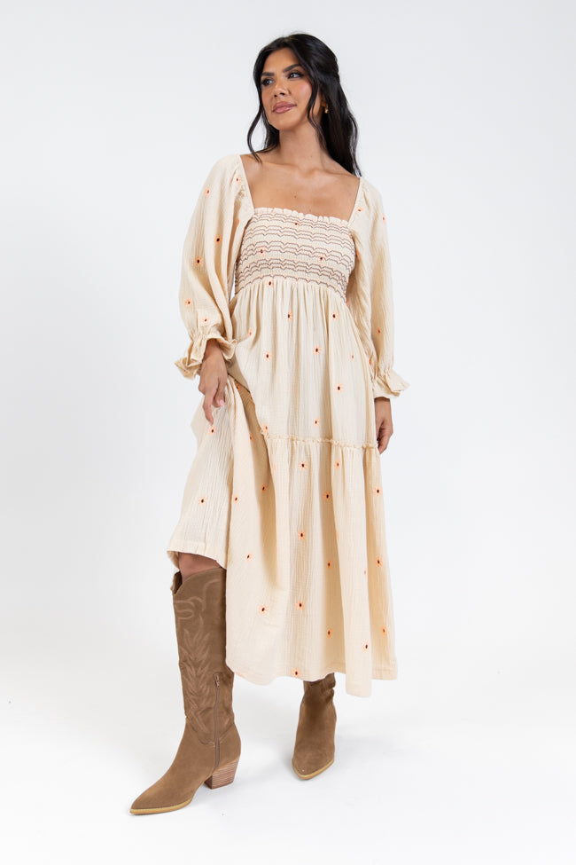 Dress To Impress Beige Floral Stitched Smocked Top Dress