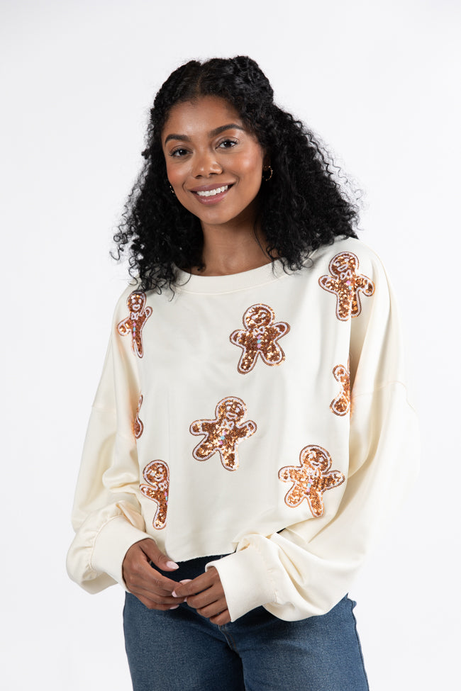 Let's Build A Gingerbread House Cream Sequin Patch Pullover