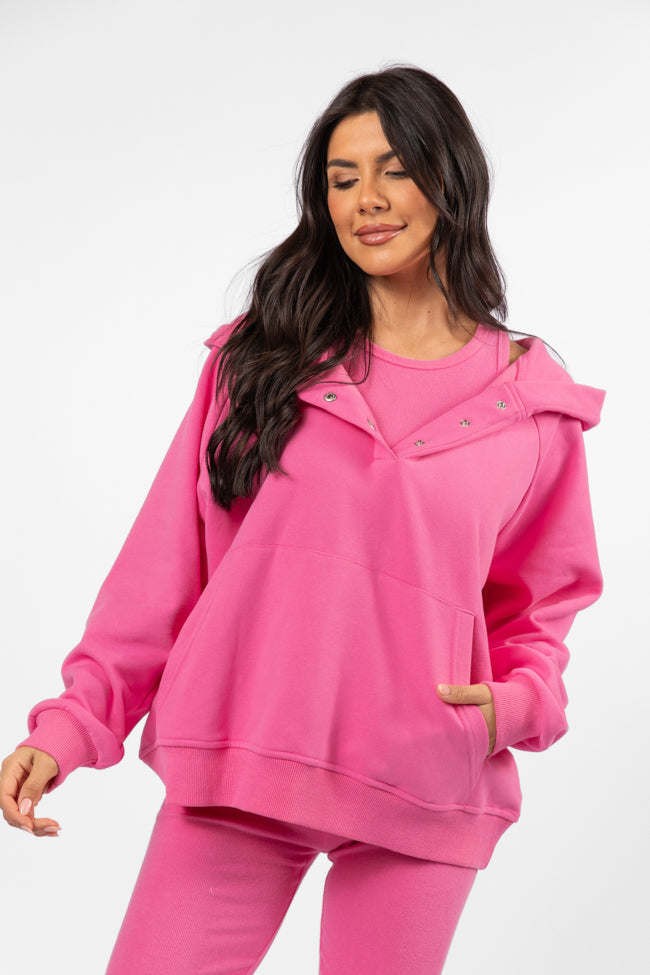 Outta Sight Pink Button Detail Hooded Pullover