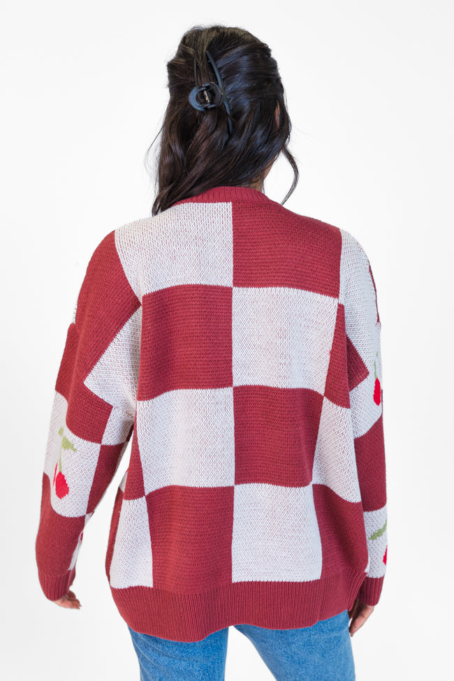 Cherry Much In Love Brick and White Multi Checkered Cardigan