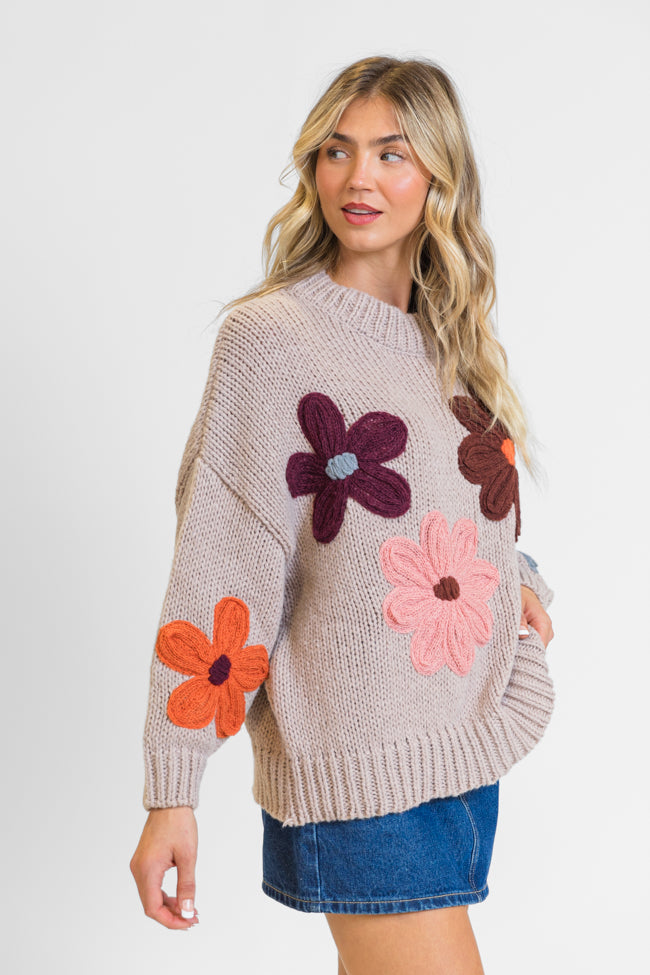 Flora Fantasy Natural Chunky Floral Mock Neck Sweater